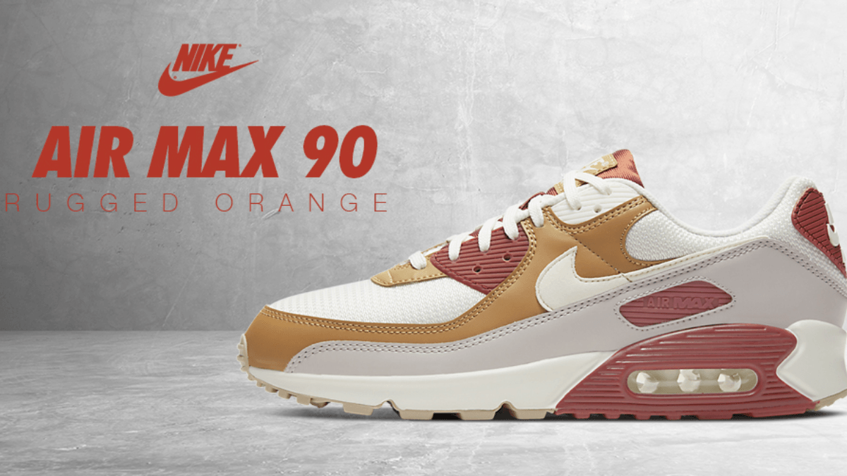 The Nike Air Max 90 appears in a 'Rugged Orange' colorway