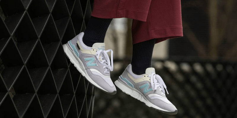 New Balance 997 grey and turquoise on feet