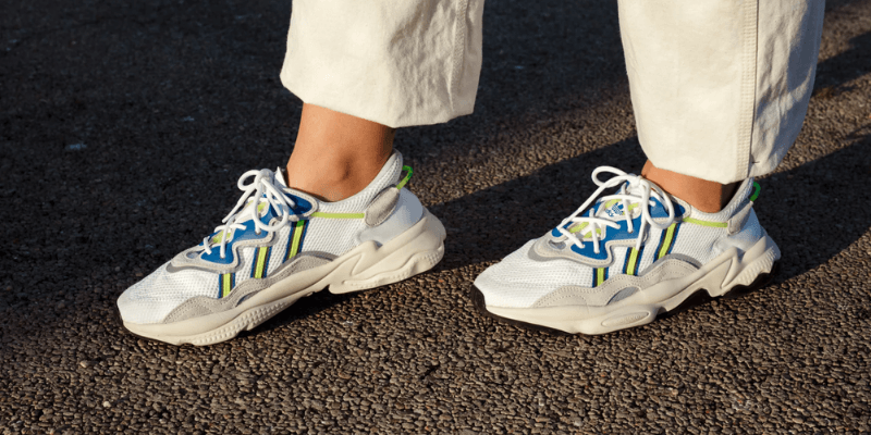 adidas Ozweego white and blue on feet