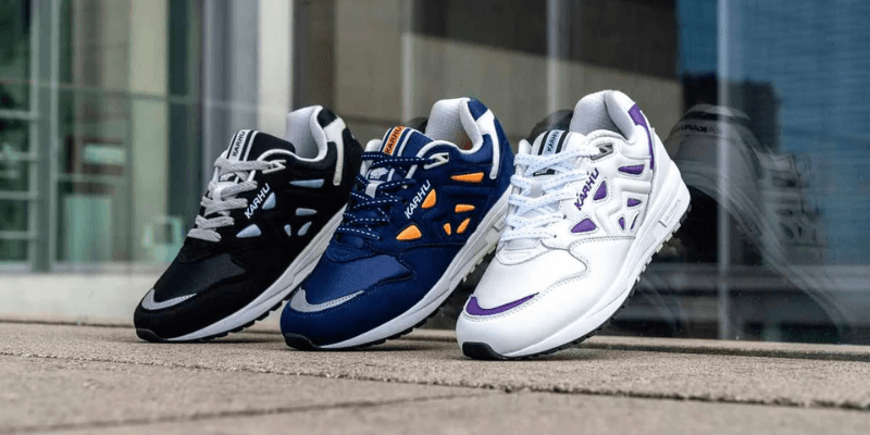 white, blue and black colorways of the karhu legacy 96