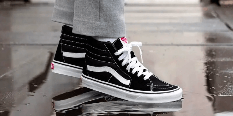 Vans Sk8-Hi 'Black White' on feet reflection