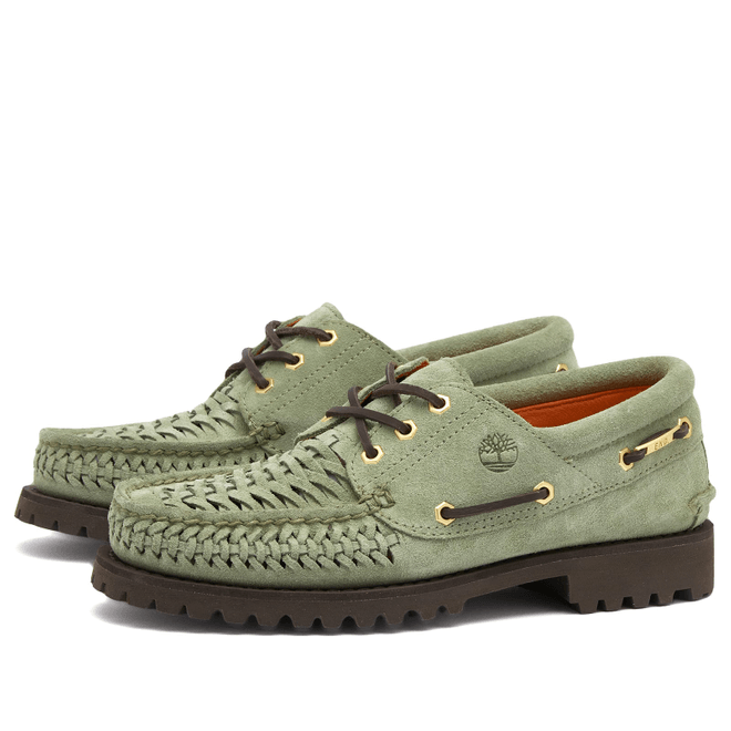 END. x Timberland Authentic 3 Eye Boat Shoe in Light Green Suede TB0A6A8QEBM1