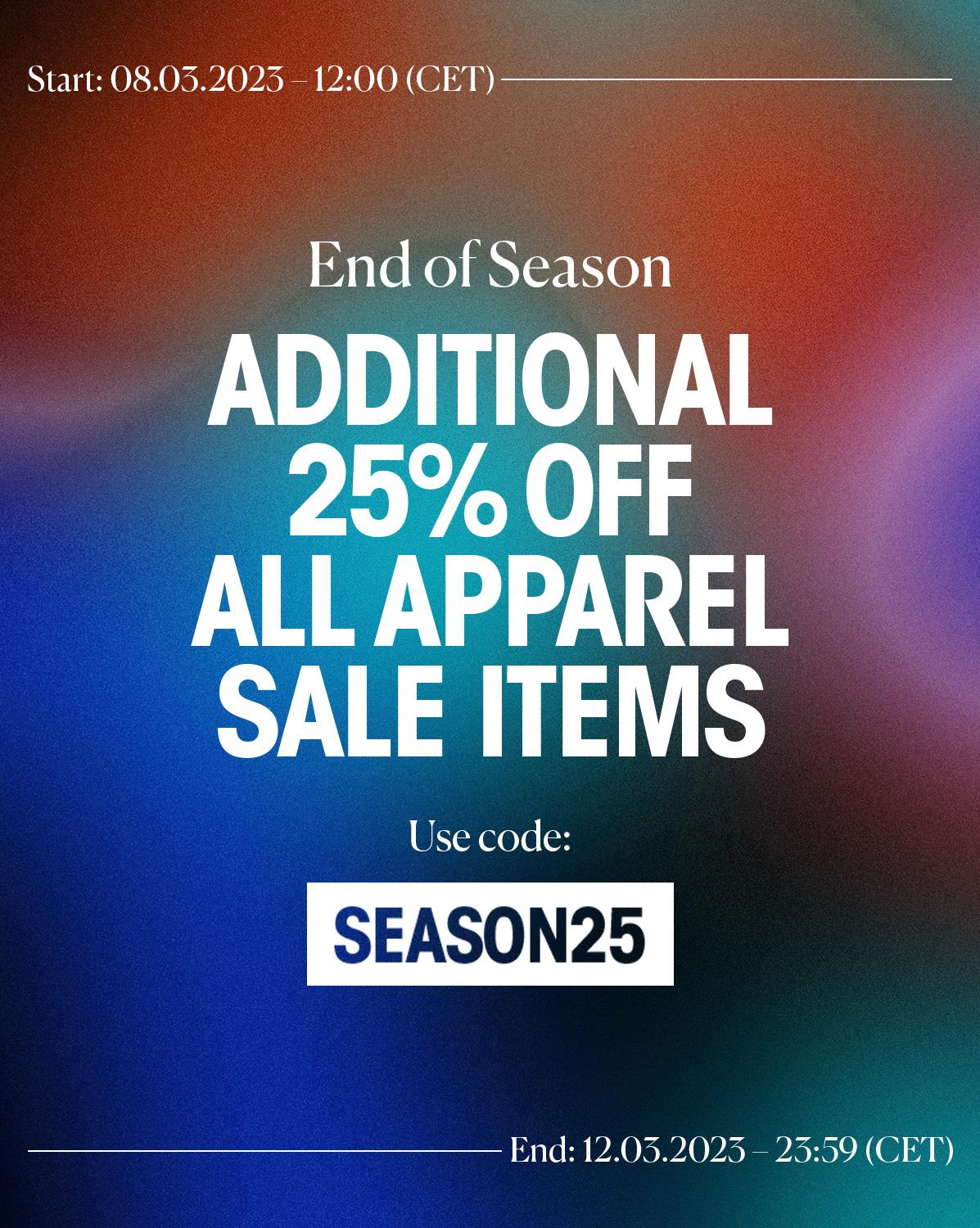 Text: Additional 25% off all apparel sale items
