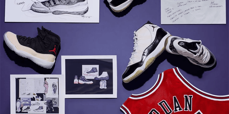 Air Jordan 11 with papers showing the shoe's design