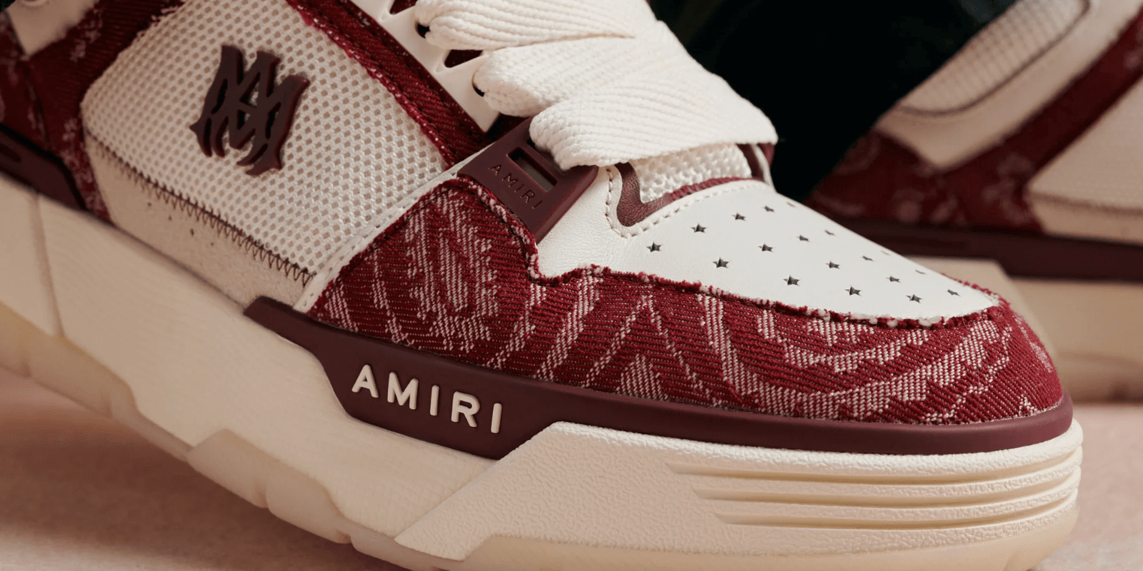 red and white amiri sneakers close up