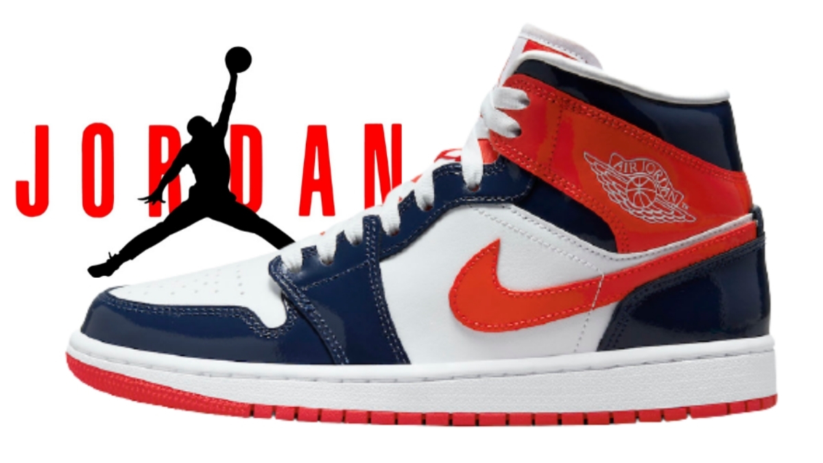 The Air Jordan 1 Mid Patent 'Navy Orange' has shiny overlays