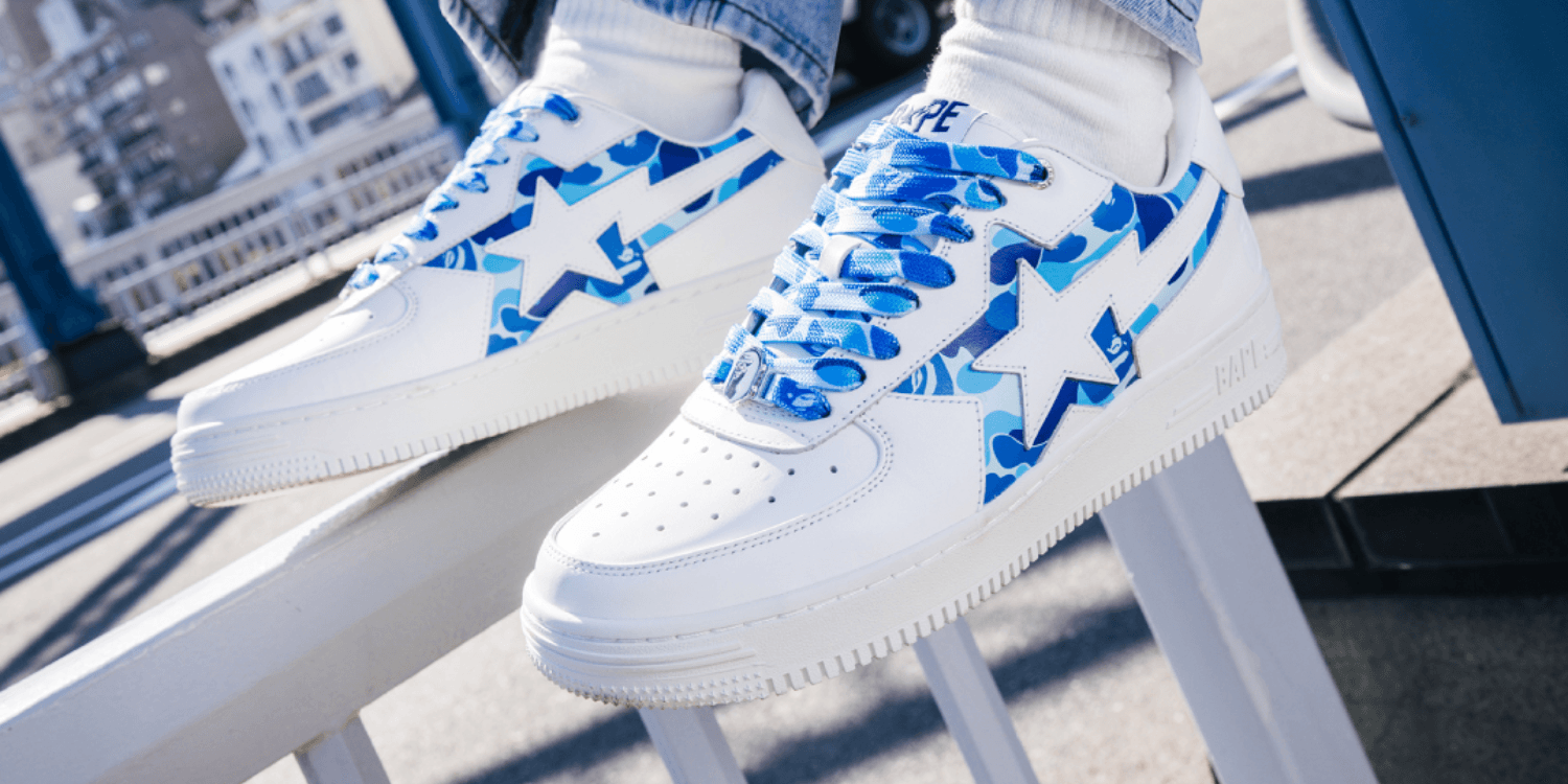 white and blue BAPE sneakers