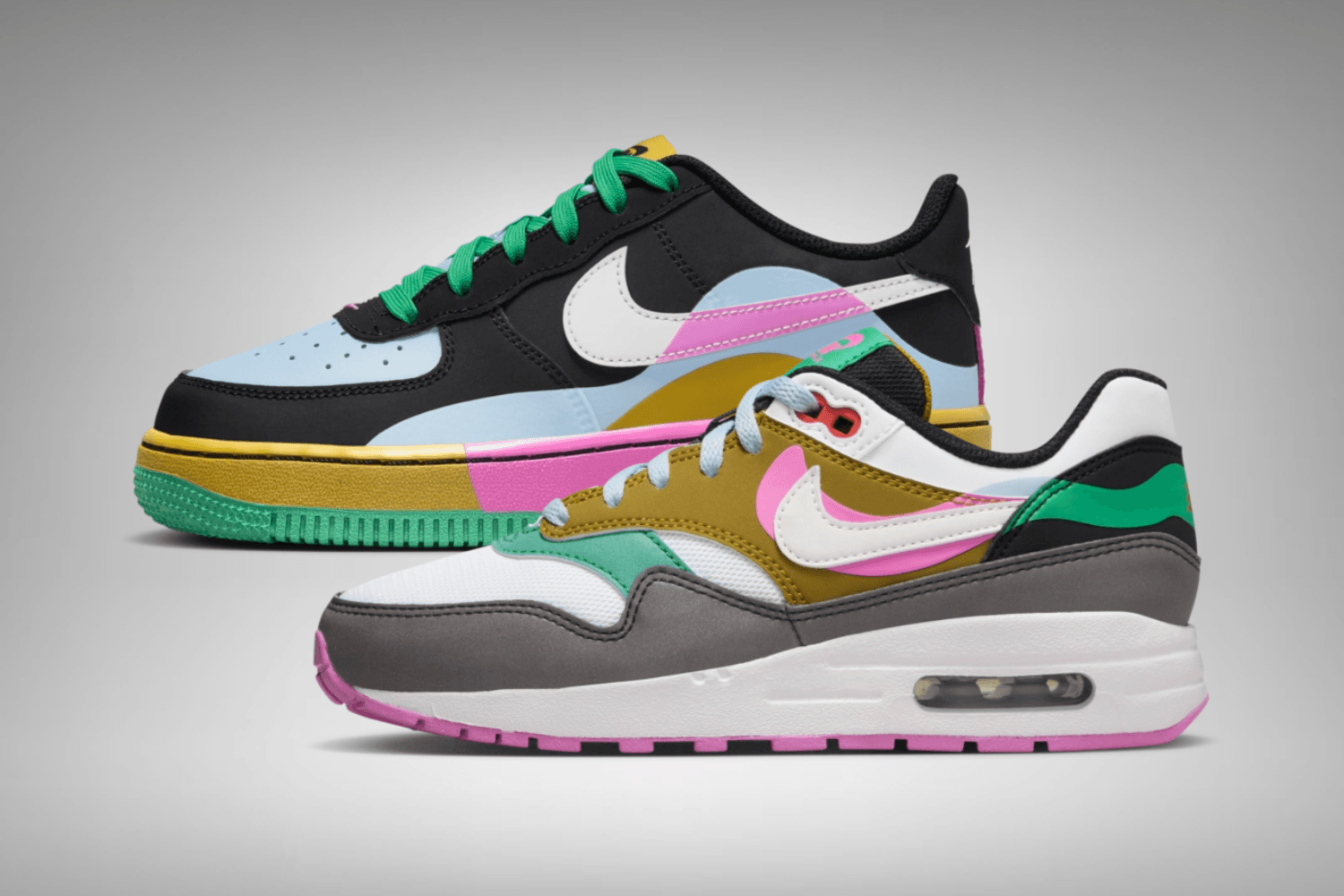 Multi-Colored layers sieren de Nike Air Max 1 en Air Force 1